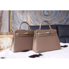 Sac Hermes Kelly 25cm en cuir de veau Epsom cousu main matériel palladium, Etoupe CK18 RS03907