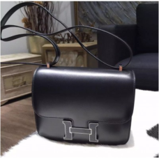 RARE Hermes Mini Constance 18cm Boîte Lézard Cuir de Veau Palladium Matériel Cousu à la Main, Noir CK89 RS16457