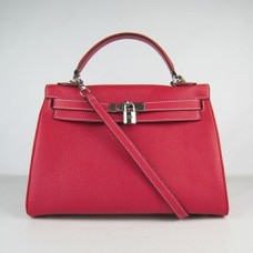 Hermes Kelly 32cm Togo Sac à main en cuir rouge/argent