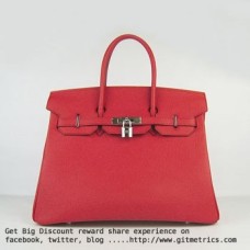 Hermes Birkin 35cm veine peau de bovin Sacs à main rouge argent