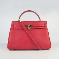 Hermes Kelly 32cm Togo Sac à main en cuir rouge/doré
