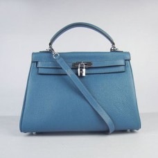 Hermes Kelly 32cm Togo Sac à main en cuir bleu/argent