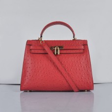 Hermes Kelly 32cm Autruche Veine 6108 Rouge Doré
