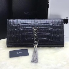 Pochette YSL Pompon 27cm Cuir Croco Noir Argent
