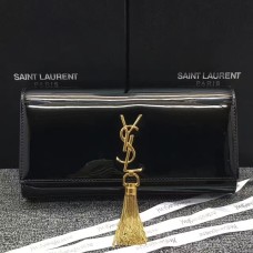 Pochette Pompon en Cuir Verni YSL 27cm Noir