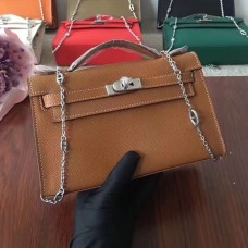 Hermes Mini Kelly 22cm Epsom Cuir Camel Argent Avec Bracelet Chaîne