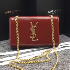 YSL Sac à Chaîne en Cuir Verni 22cm Rouge Foncé
