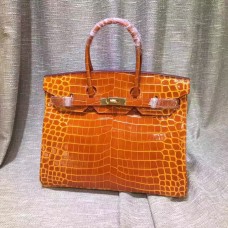 Hermes Birkin 35cm Sac à main en cuir de crocodile Orange Or