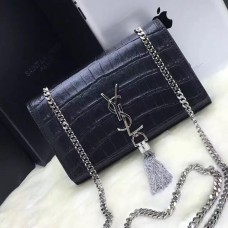 YSL Sac Chaîne Pompon 22cm Croco Noir Argent