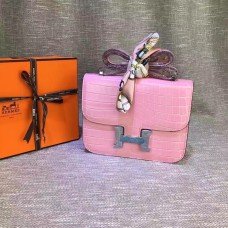 Hermes Constance 23cm Cuir Croco Rose