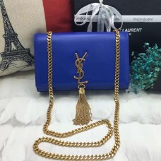 YSL Sac Chaîne Tassel 22cm Cuir Lisse Bleu Or