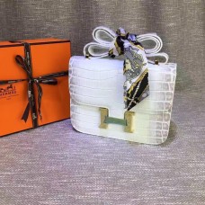 Hermes Constance 23cm Cuir Croco Blanc Gris