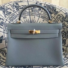 Hermes Kelly 28cm Sac Togo Cuir Bleu Lin Or