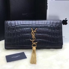Pochette YSL Pompon 27cm Cuir Croco Noir Or