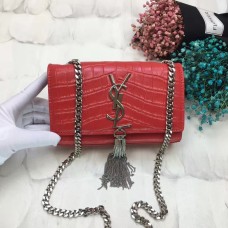 YSL Sac Chaîne Pompon 17cm Croco Rouge Argent