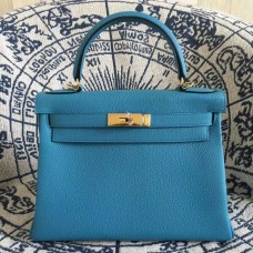Hermes Kelly 28cm Sac Togo Cuir Bleu Or