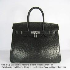 Hermes Birkin 35cm Autruche Veines Sacs à main noir argent