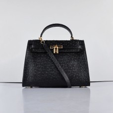 Hermes Kelly 32cm Autruche Veine 6108 Noir Doré