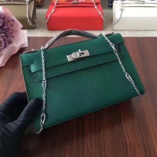 Hermes Mini Kelly 22cm Epsom Cuir Vert Argent Avec Bracelet Chaîne