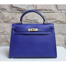 Hermes Kelly 32cm Sac à main en cuir Epsom bleu électrique or