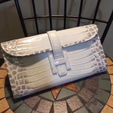 Pochette Hermes Jige 29cm Croco Blanc Gris