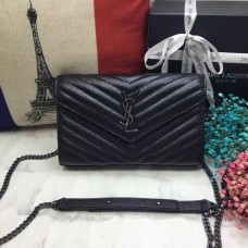 YSL Sac Enveloppe Cuir Caviar Noir Chaîne Gunmetal 23cm