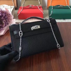 Hermes Mini Kelly 22cm Epsom Cuir Noir Argent Avec Bracelet Chaîne