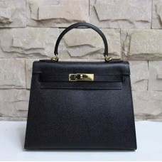 Hermes Kelly 28cm Sac à main en cuir Epsom noir or