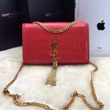 YSL Sac Chaîne Pompon 22cm Croco Rouge Or