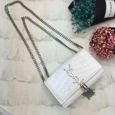 YSL Sac Chaîne Pompon 17cm Croco Blanc Argent
