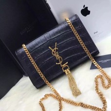 YSL Sac Chaîne Pompon 22cm Croco Noir Or