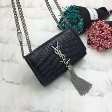 YSL Sac Chaîne Pompon 17cm Croco Noir Argent