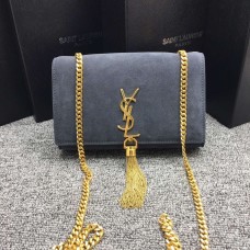 YSL Sac à Chaîne Pompon 22cm Cuir Daim Gris