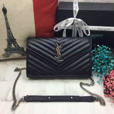 YSL Sac Enveloppe Cuir Caviar Noir Argent Chaîne 23cm